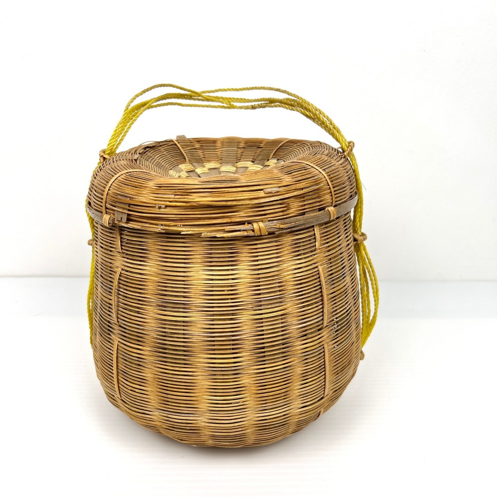 Vintage Bamboo Woven Basket with Lid and Handle Yellow Rope Rustic Storage Decor